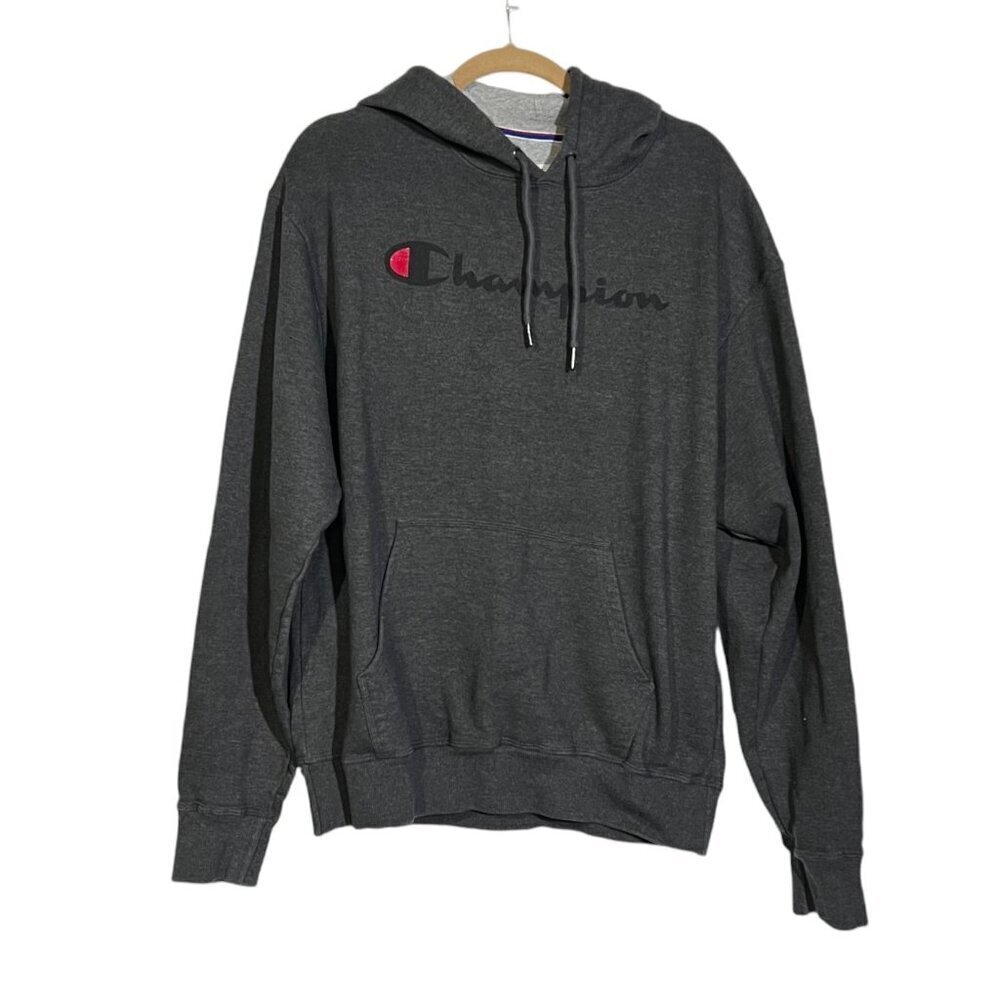 CHAMPION Mens Hoodie Powerblend Charcoal Gray Fleece Spellout Size Large